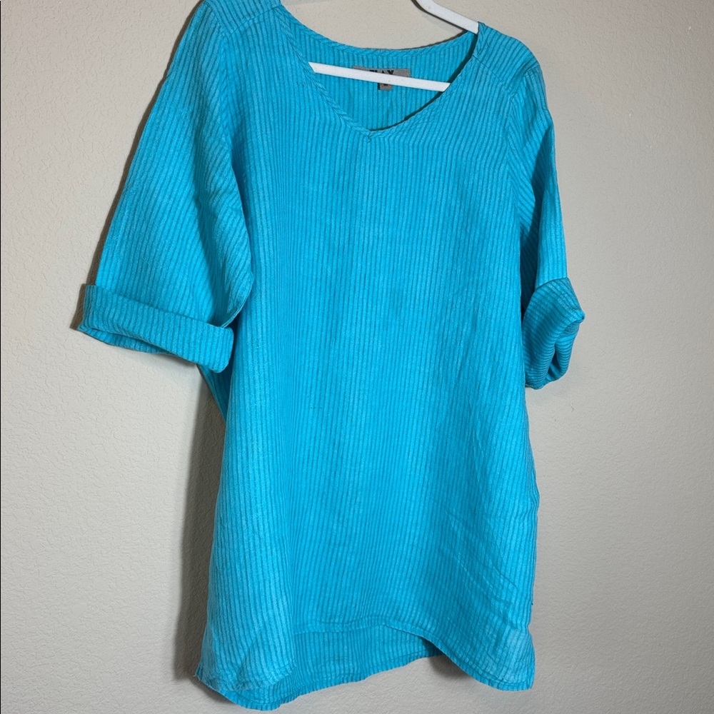 FLAX‎ Turquoise Lagenlook Tunic Top Oversized 3/4 sleeves Size M
